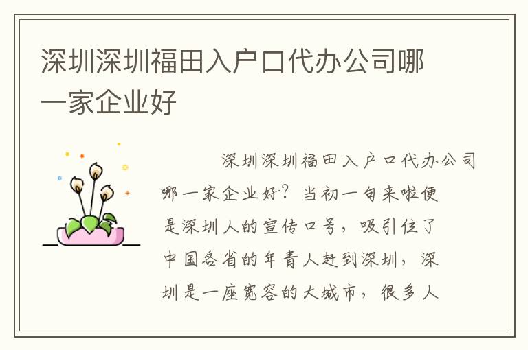 深圳深圳福田入戶口代辦公司哪一家企業好