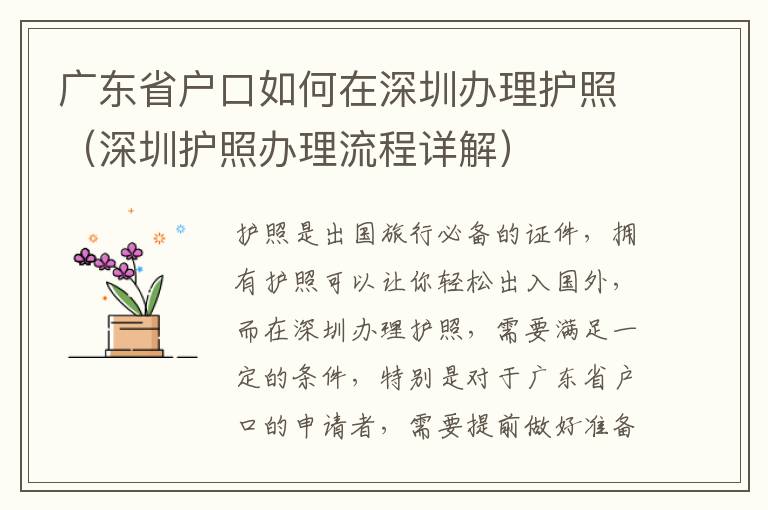 廣東省戶口如何在深圳辦理護照（深圳護照辦理流程詳解）