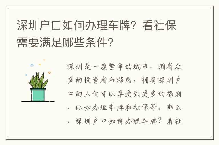 深圳戶口如何辦理車牌？看社保需要滿足哪些條件？