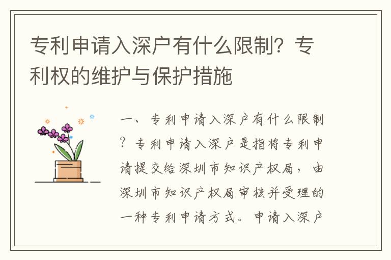 專利申請入深戶有什么限制？專利權的維護與保護措施