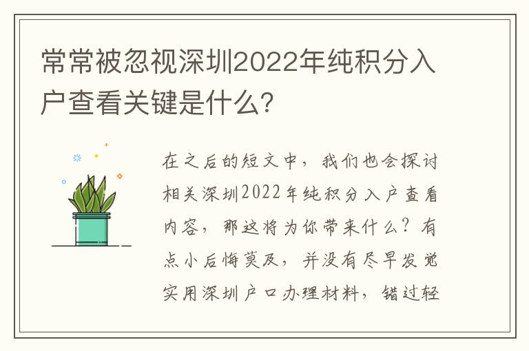 常常被忽視深圳2022年純積分入戶查看關鍵是什么？