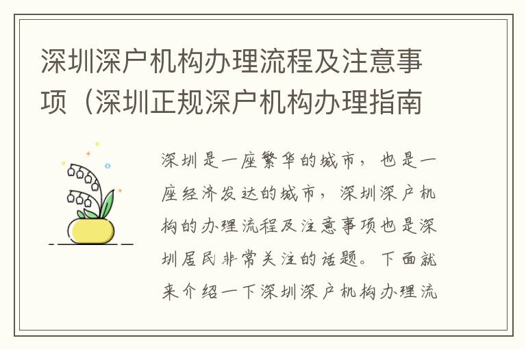 深圳深戶機構辦理流程及注意事項（深圳正規深戶機構辦理指南）