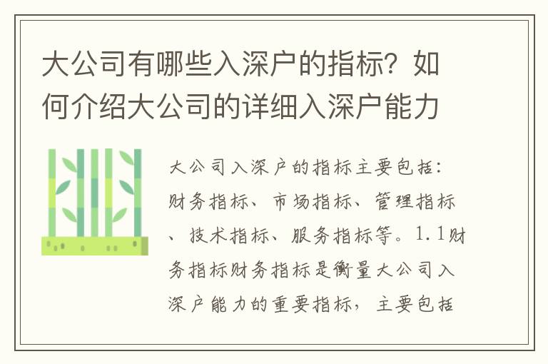 大公司有哪些入深戶的指標？如何介紹大公司的詳細入深戶能力