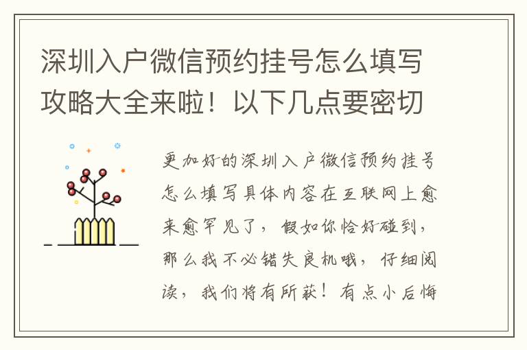 深圳入戶微信預約掛號怎么填寫攻略大全來啦！以下幾點要密切關注