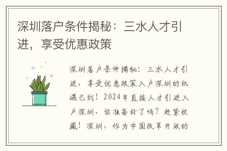 深圳落戶條件揭秘：三水人才引進，享受優惠政策