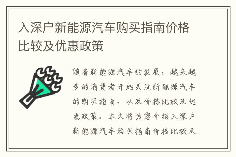 入深戶新能源汽車購買指南價格比較及優惠政策