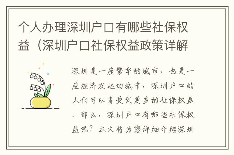 個人辦理深圳戶口有哪些社保權益（深圳戶口社保權益政策詳解）