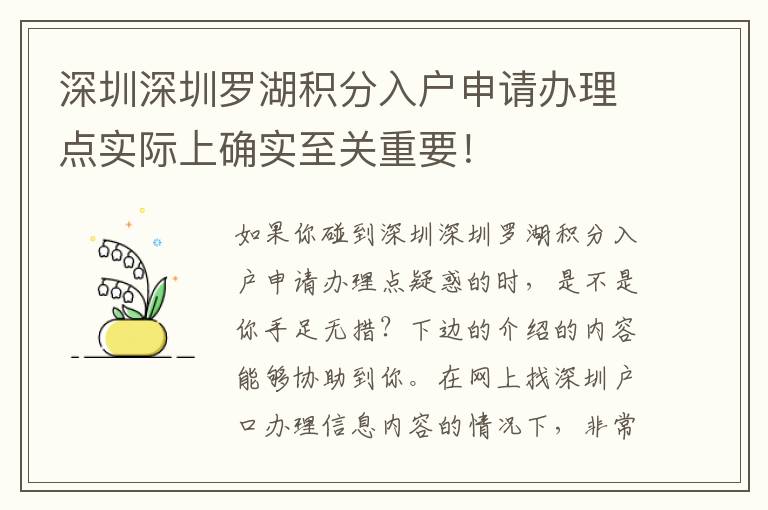 深圳深圳羅湖積分入戶申請辦理點實際上確實至關重要！