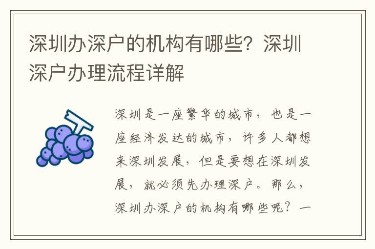 深圳辦深戶的機構有哪些？深圳深戶辦理流程詳解