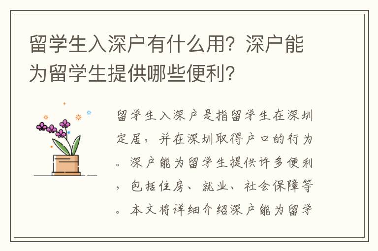 留學生入深戶有什么用？深戶能為留學生提供哪些便利？