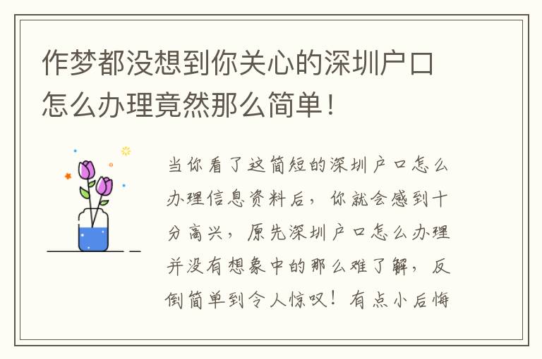 作夢都沒想到你關心的深圳戶口怎么辦理竟然那么簡單！