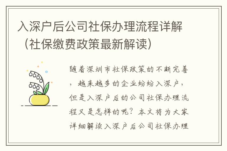 入深戶后公司社保辦理流程詳解（社保繳費政策最新解讀）