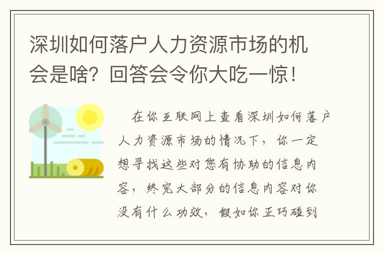 深圳如何落戶人力資源市場的機會是啥？回答會令你大吃一驚！