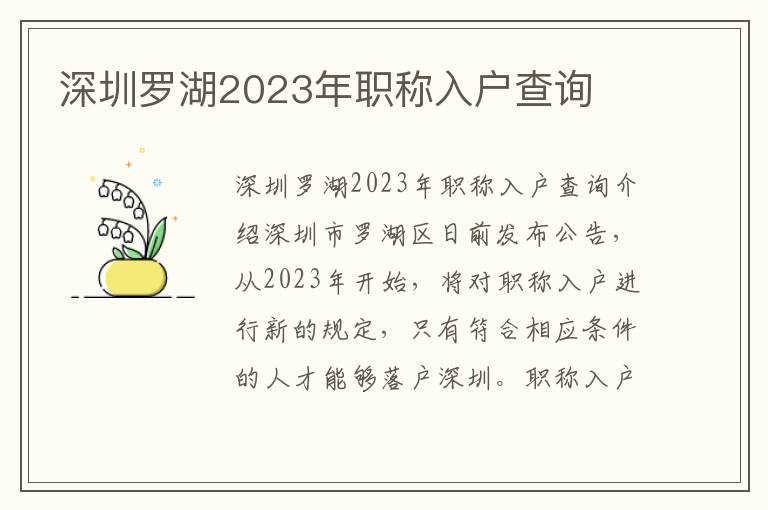 深圳羅湖2023年職稱入戶查詢