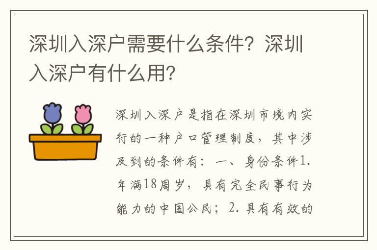 深圳入深戶需要什么條件？深圳入深戶有什么用？