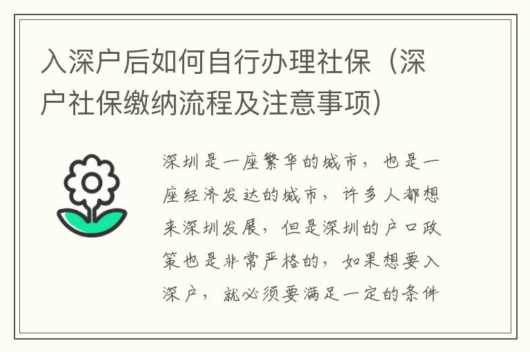 入深戶后如何自行辦理社保（深戶社保繳納流程及注意事項）