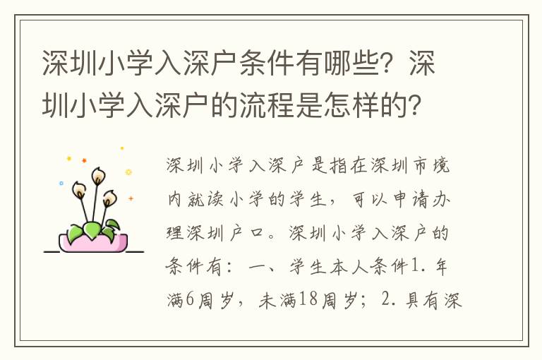 深圳小學入深戶條件有哪些？深圳小學入深戶的流程是怎樣的？