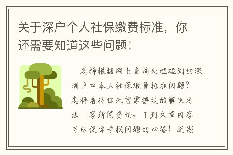 關于深戶個人社保繳費標準，你還需要知道這些問題！