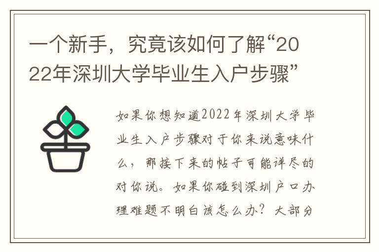 一個新手，究竟該如何了解“2022年深圳大學畢業生入戶步驟”