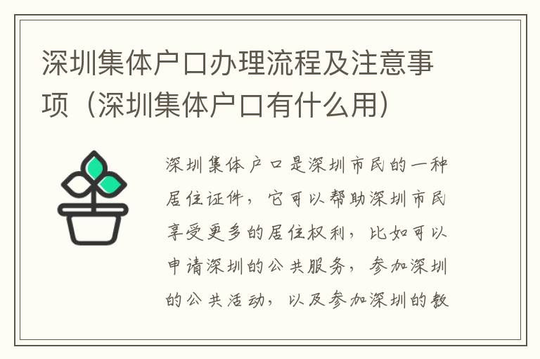 深圳集體戶口辦理流程及注意事項（深圳集體戶口有什么用）