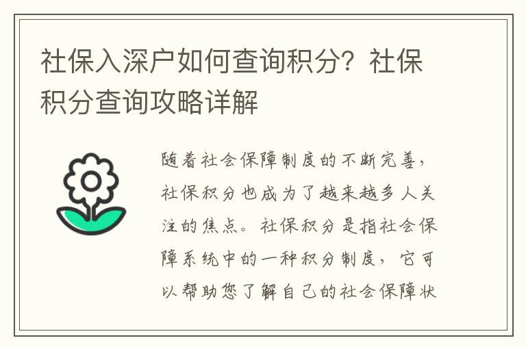 社保入深戶如何查詢積分？社保積分查詢攻略詳解