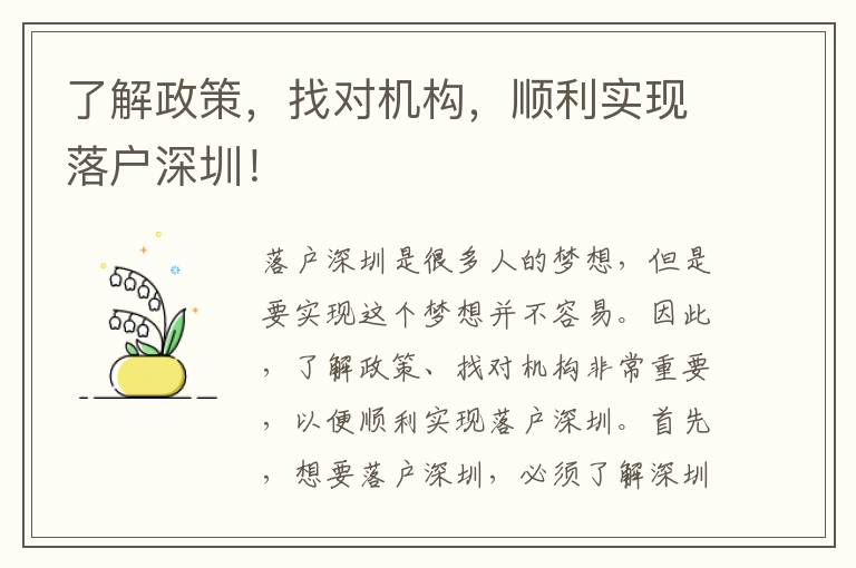 了解政策，找對機構，順利實現落戶深圳！