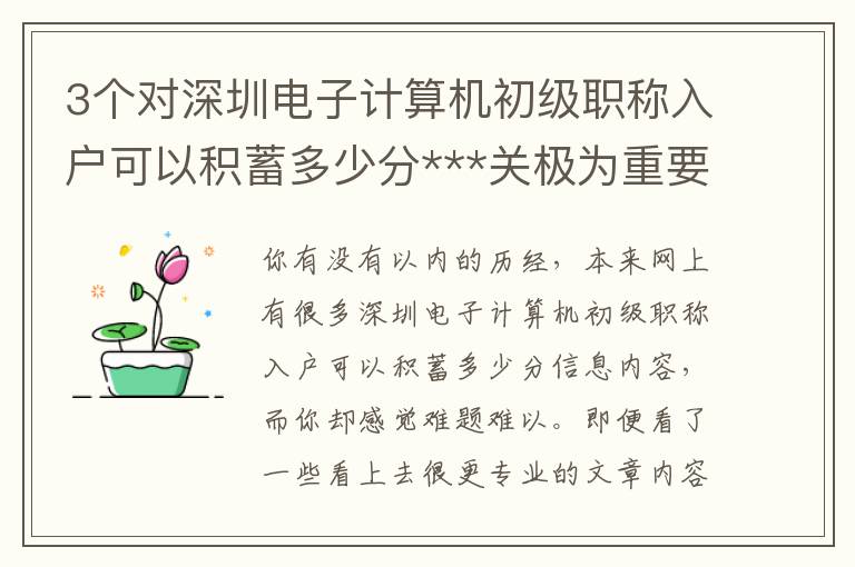 3個對深圳電子計算機初級職稱入戶可以積蓄多少分***關極為重要的方式