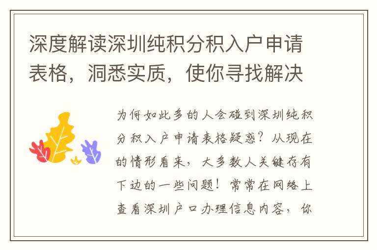 深度解讀深圳純積分積入戶申請表格，洞悉實質，使你尋找解決困難通道