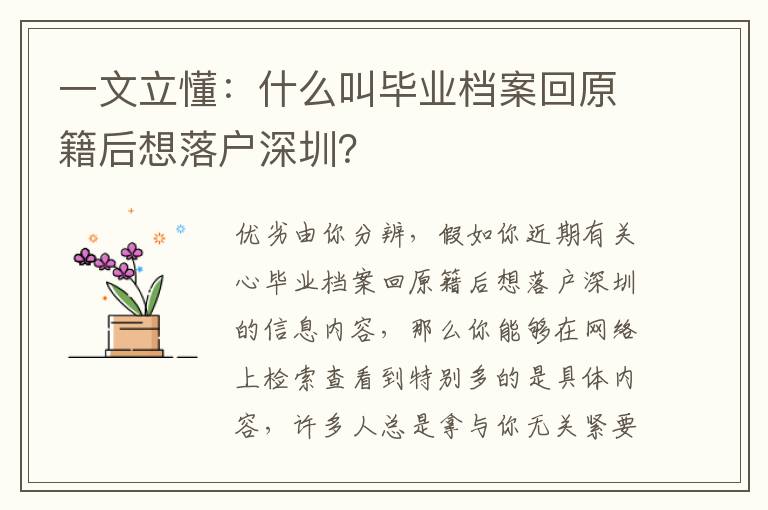 一文立懂：什么叫畢業檔案回原籍后想落戶深圳？