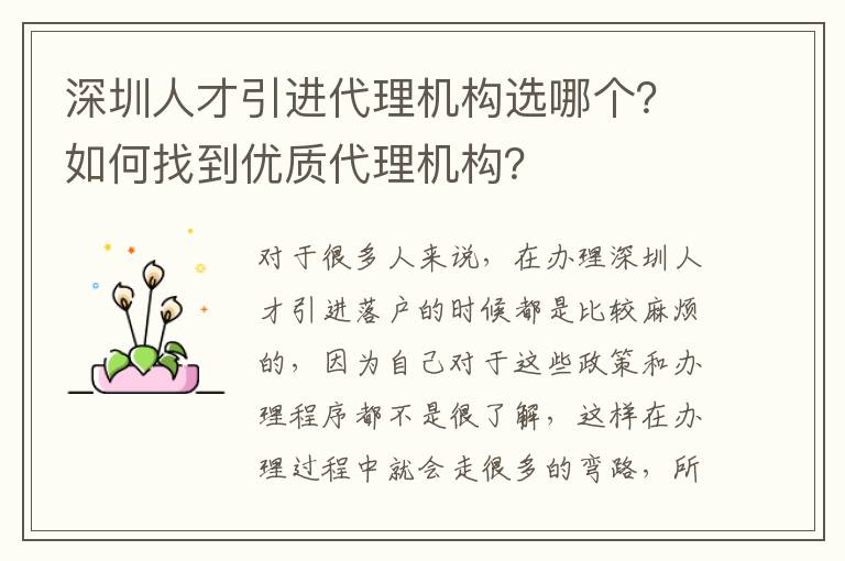 深圳人才引進代理機構選哪個？如何找到優質代理機構？