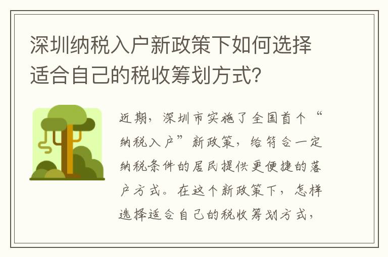 深圳納稅入戶新政策下如何選擇適合自己的稅收籌劃方式？