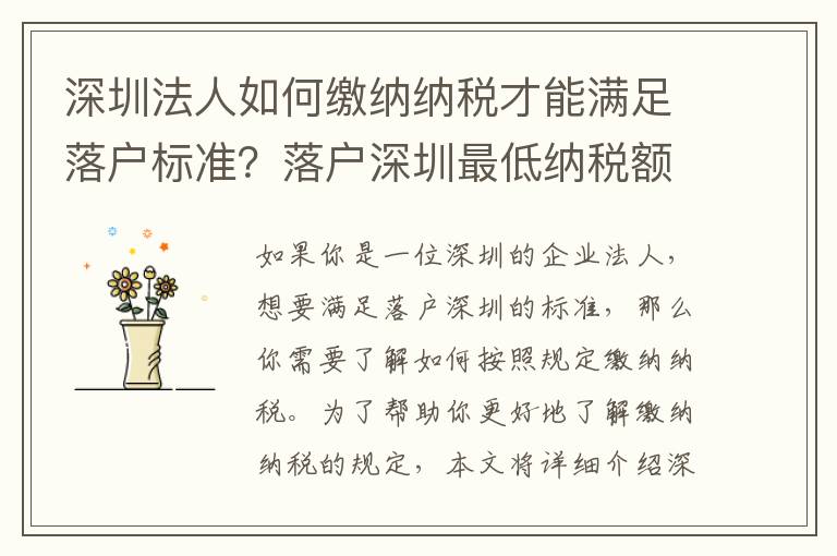 深圳法人如何繳納納稅才能滿足落戶標準？落戶深圳最低納稅額度