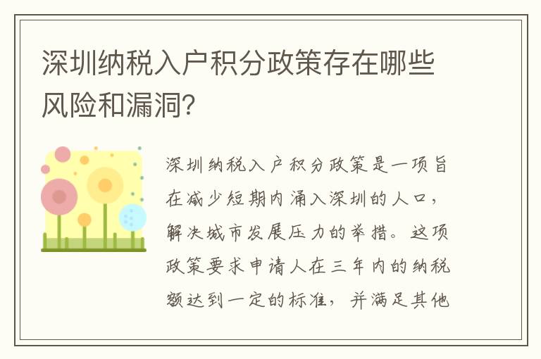 深圳納稅入戶積分政策存在哪些風險和漏洞？