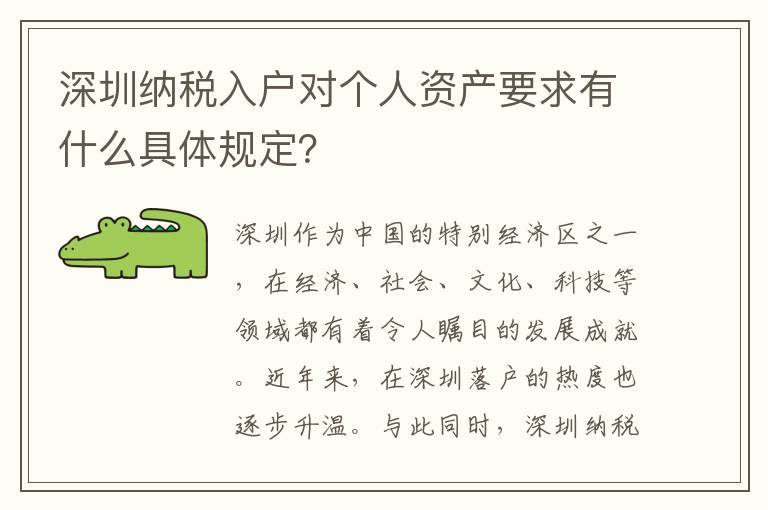 深圳納稅入戶對個人資產要求有什么具體規定？